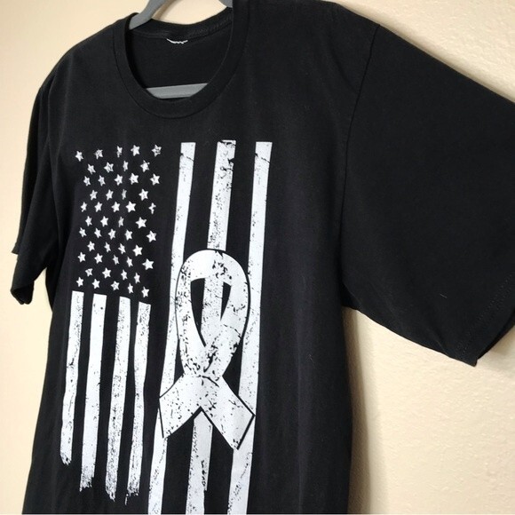 Lung Cancer Awareness American Flag White Ribbon Black T Shirt Mens Size Large - Picture 3 of 9